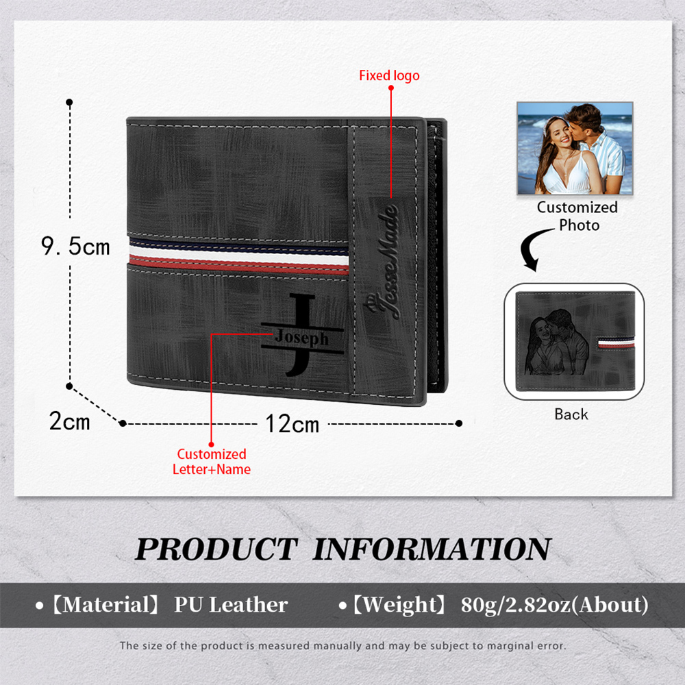 Cartera, billetera personalizada con 1 foto, 1 nombre y 1 letra monedero para hombre-Jessemade ES