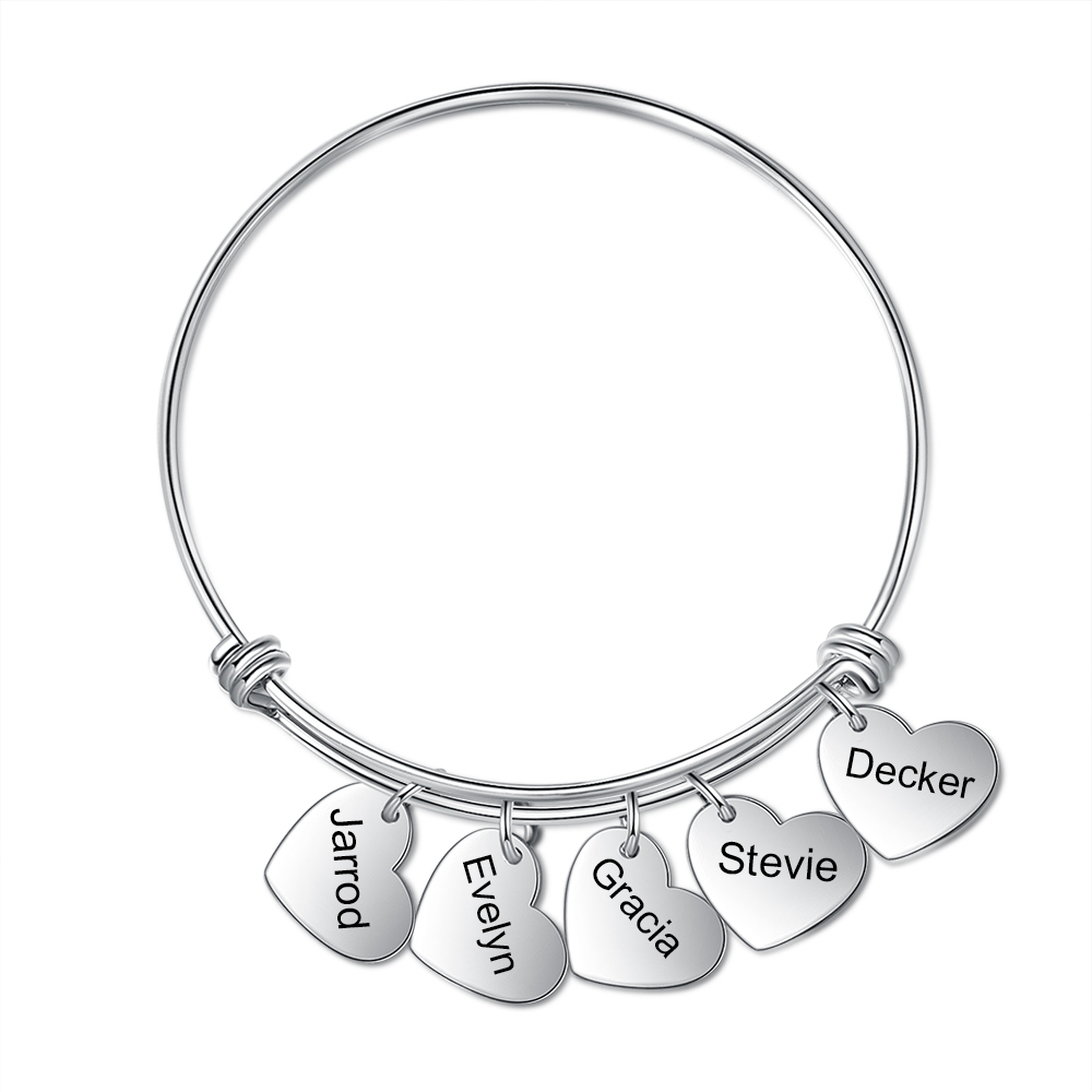 Pulsera con 5 nombres personalizados y 5 dijes de corazón-Jessemade ES