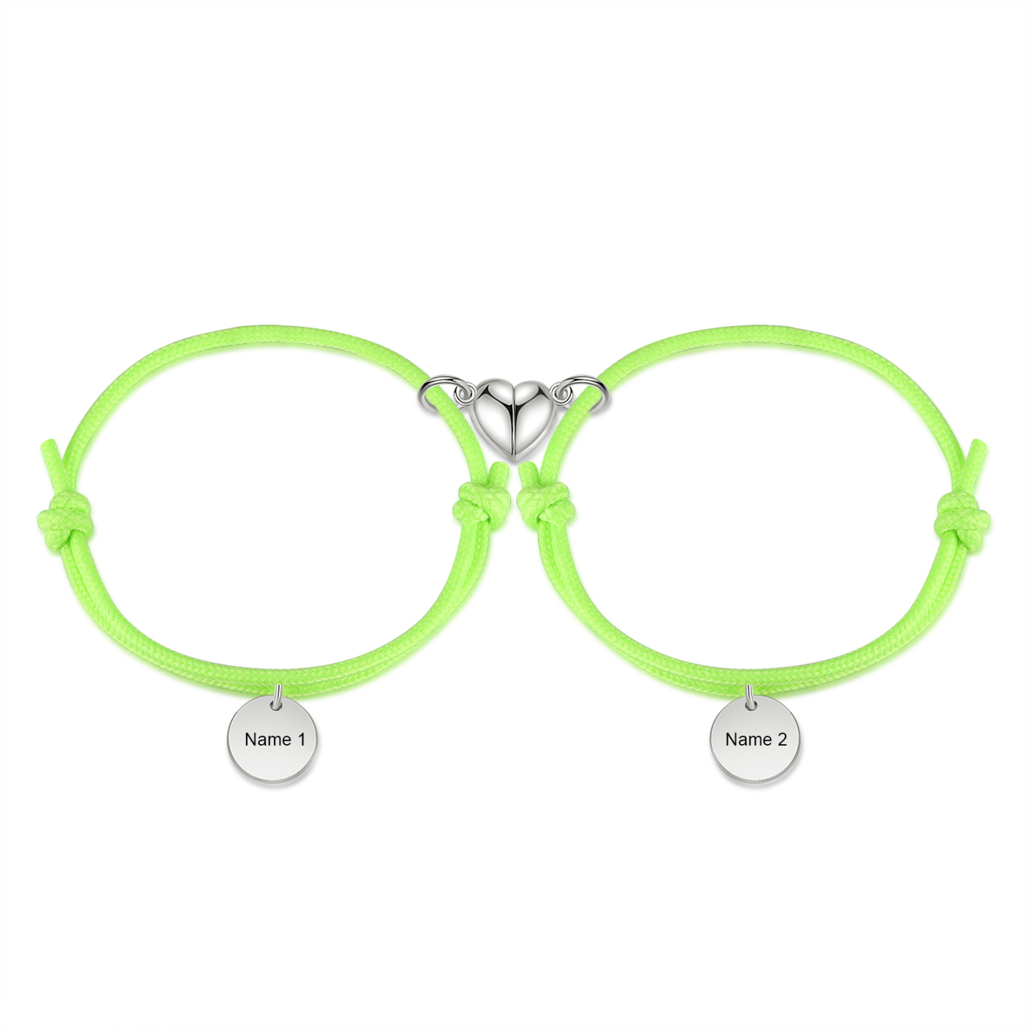 Pulseras de cuerda luminosa personalizadas para pareja con dije de corazón magnético grabado de dos nombres-Jessemade ES