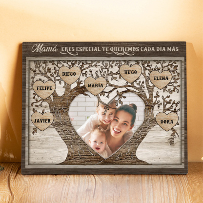 A familia - Lámina 2-9 nombres y 1 foto personalizados marco de madera árbol de la vida-Jessemade ES