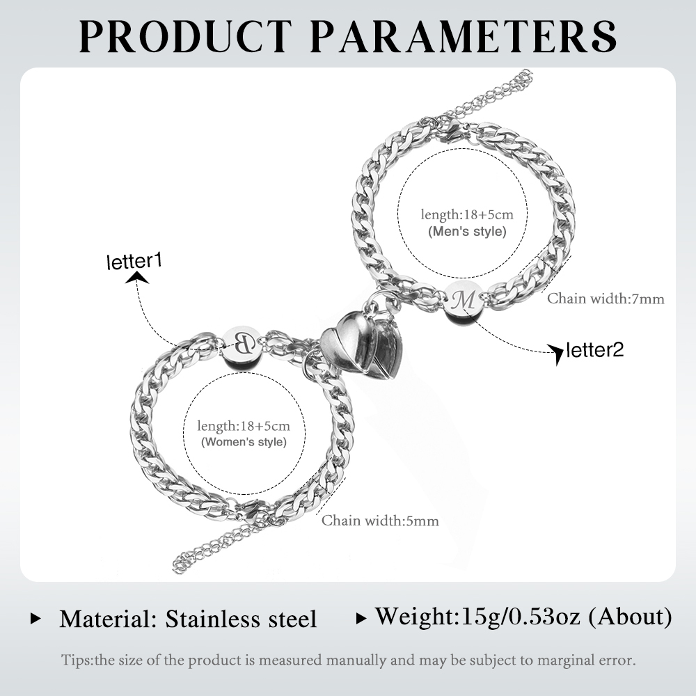 Pulseras de acero personalizadas para pareja con dije de corazón de rompecabezas magnético 2 letras-Jessemade ES