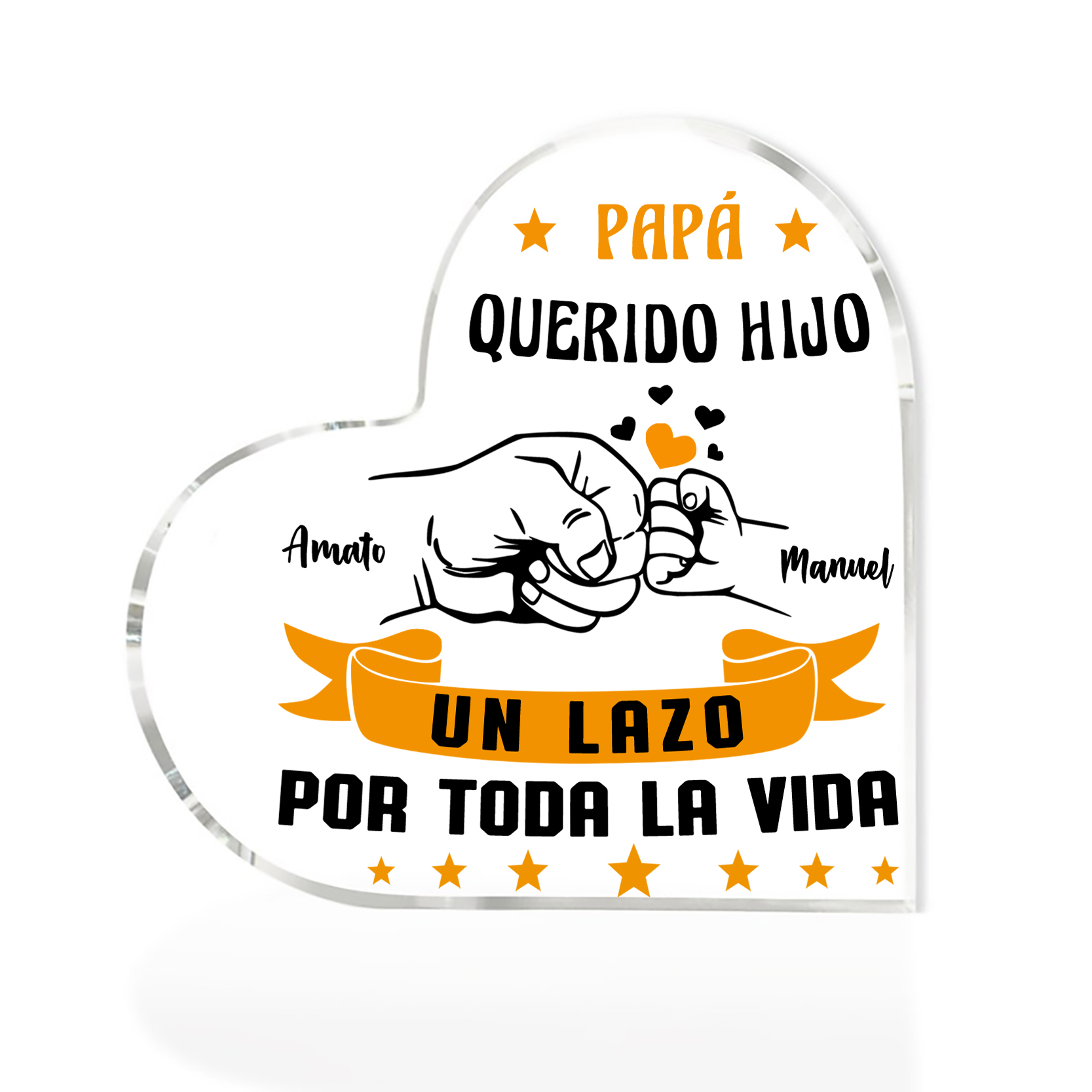 Placa de acrílico en forma de corazón puño con puño papá e hijo con 2 nombres personalizados-Jessemade ES