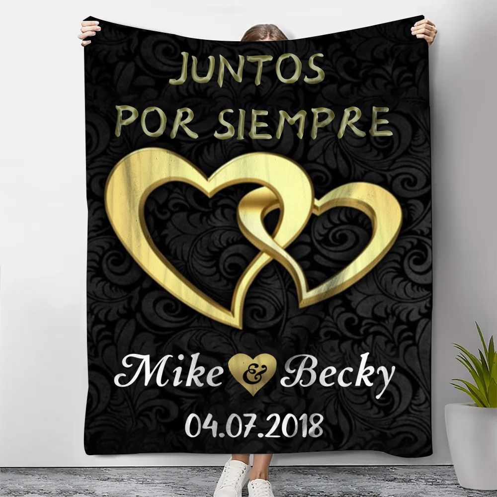 Pareja-Manta de buen calidad de corazones conectados personalizada con nombres y fecha-Jessemade ES
