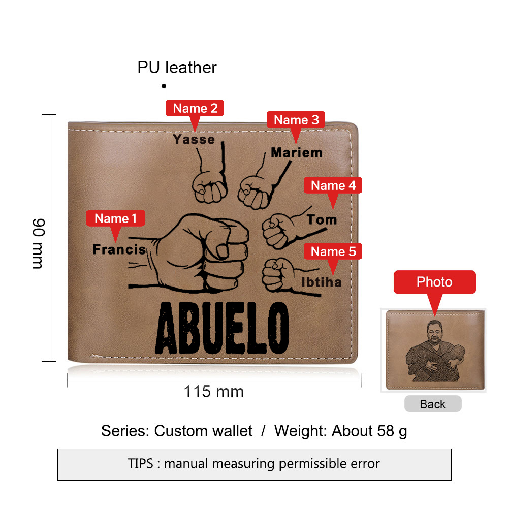 Cartera, billetera clásica puño con puño 5 nombres personalizados y una foto para abuelo-Jessemade ES