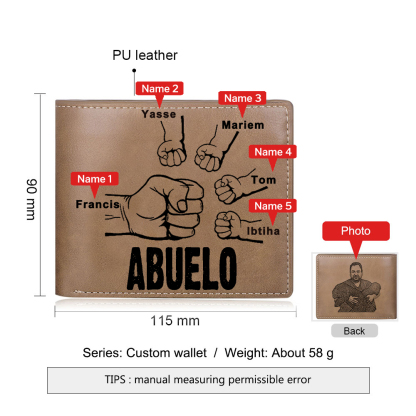 Cartera, billetera clásica puño con puño 5 nombres personalizados y una foto para abuelo-Jessemade ES