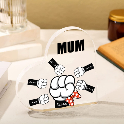 A mi mamá/abuela-Placa de acrílico "Puños" en forma de corazón 6 nombres y 1 texto personalizados-Jessemade ES