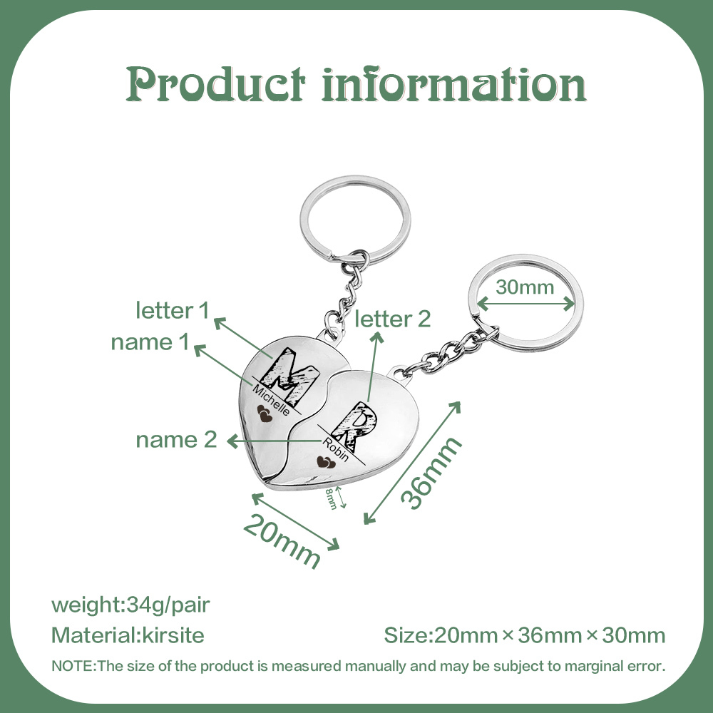 Llavero de corazón para pareja "Juntos un corazón completo" 2 nombres personalizados y 2 letras-Jessemade ES