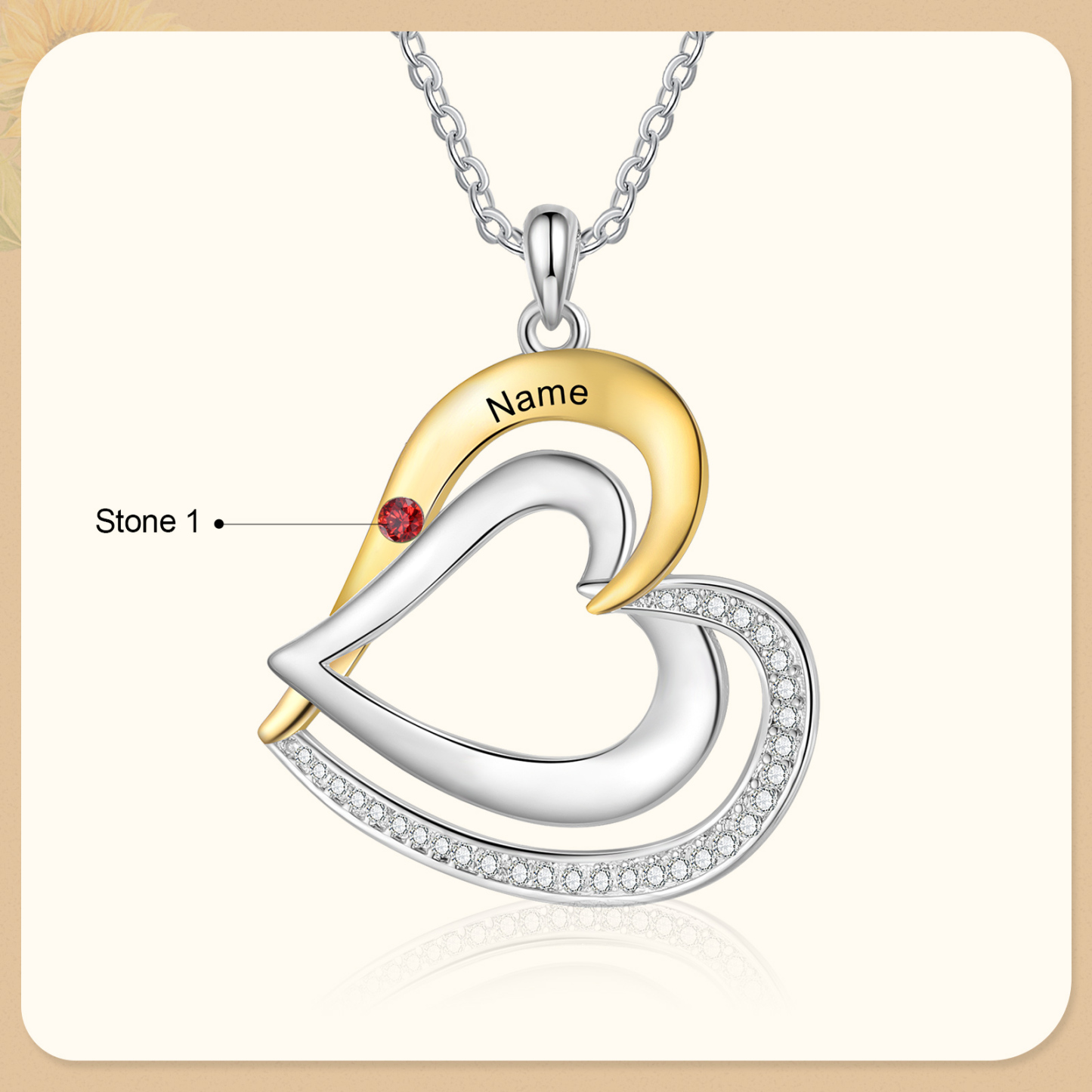Collar de corazón de plata 925 con 1 nombre y piedra de nacimiento personalizado-Jessemade ES