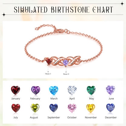 Pulsera infinito personalizada con 2 nombres y 2 piedras de nacimiento de corazón-Jessemade ES