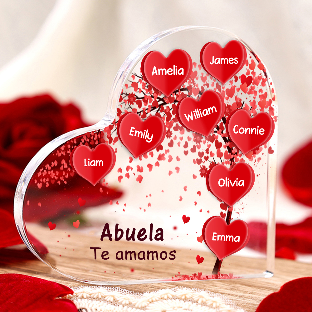 A mi mamá/abuela-Placa de acrílico "Corazones" en forma de corazón 8 nombres y 1 texto personalizados-Jessemade ES