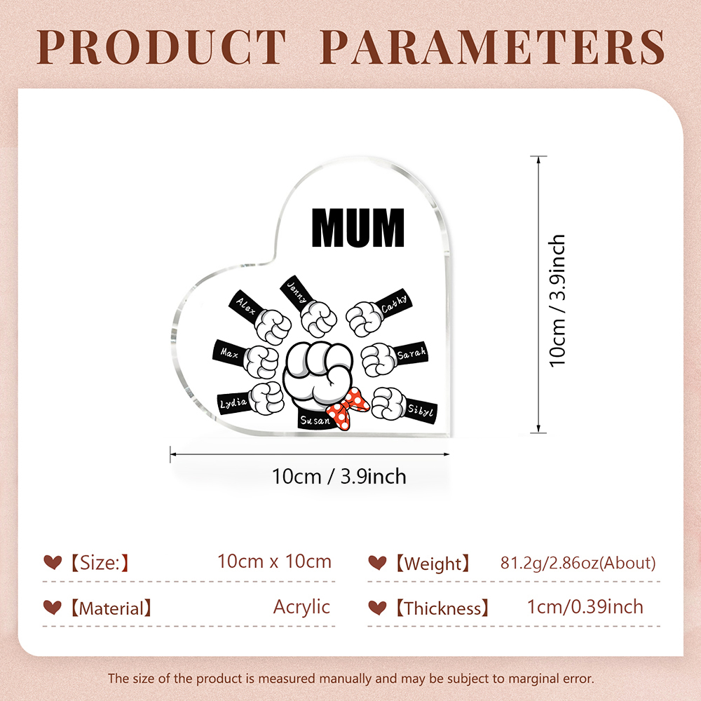 A mi mamá/abuela-Placa de acrílico "Puños" en forma de corazón 8 nombres y 1 texto personalizados-Jessemade ES