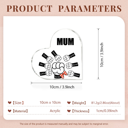 A mi mamá/abuela-Placa de acrílico "Puños" en forma de corazón 8 nombres y 1 texto personalizados-Jessemade ES