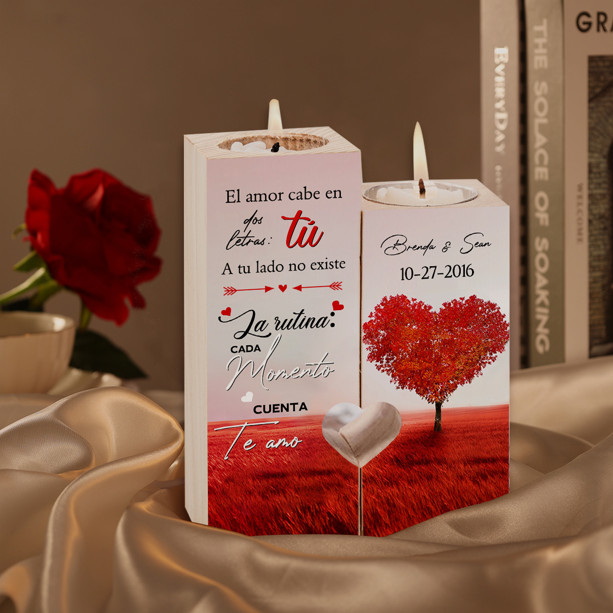 Candelero para pareja de madera de dos piezas sin candela con 2 nombres y fecha personalizados-Jessemade ES