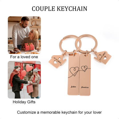 Llavero para pareja corazones conectados 2 nombres personalizados con fecha dije de casa-Jessemade ES