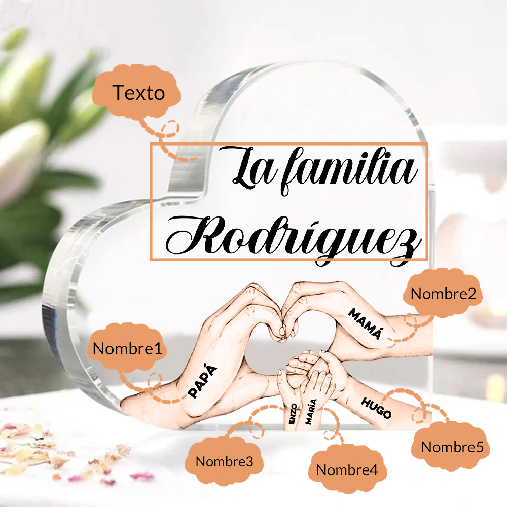 Placa de acrílico en forma de corazón mano a mano con 1 texto y 5 nombres personalizados-Jessemade ES