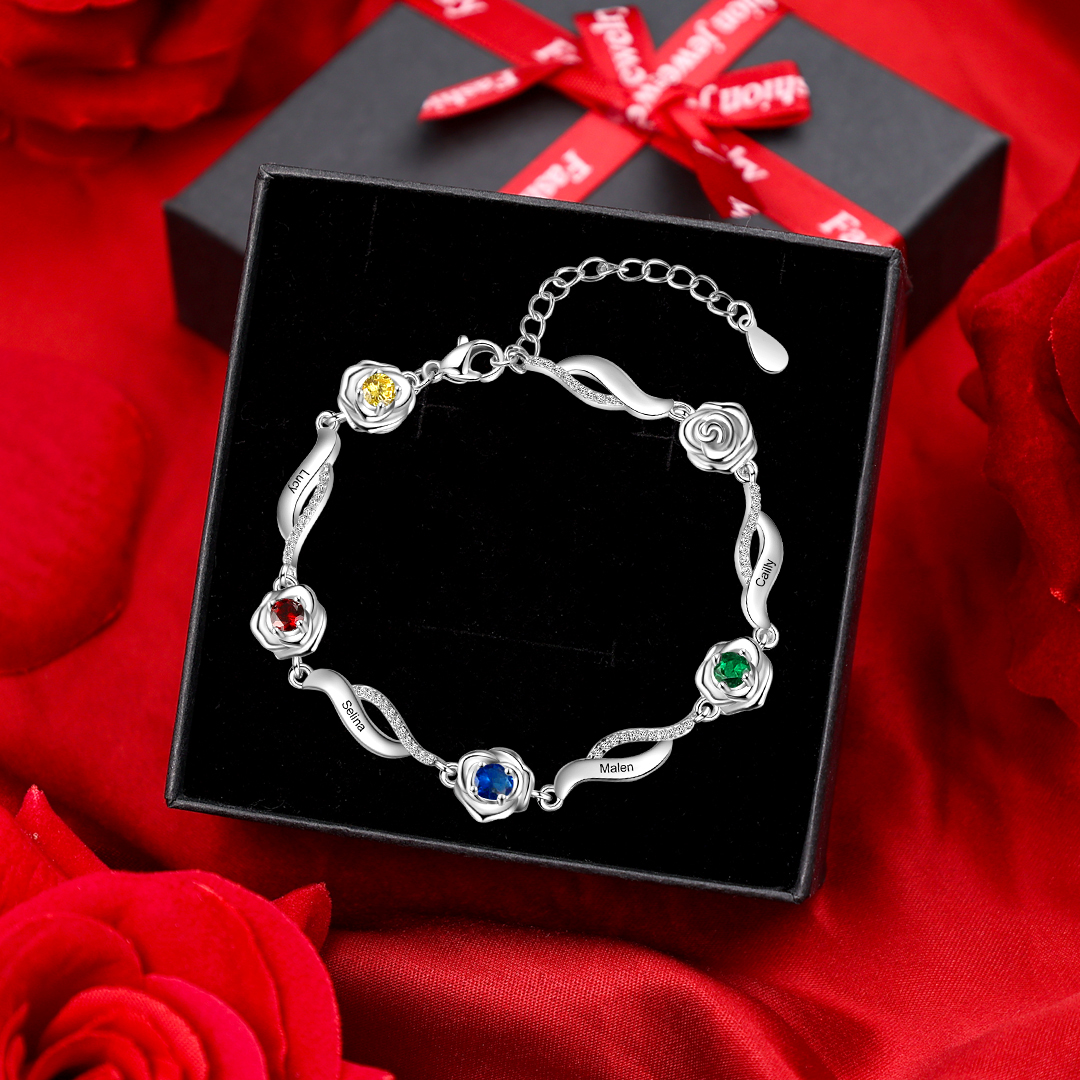 Pulsera Rosa 4 Nombres Personalizados con 4 Piedras de Nacimiento-Jessemade ES
