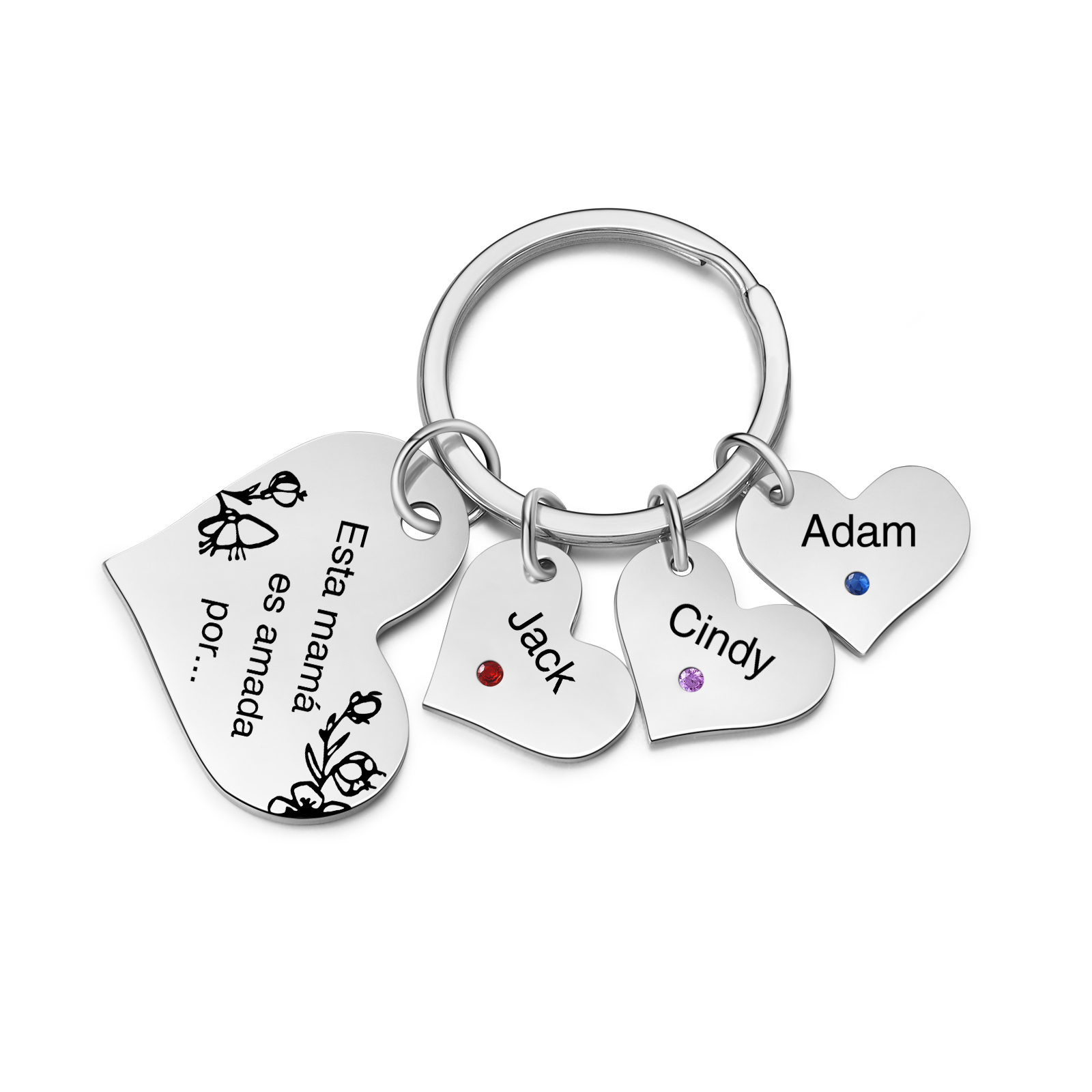 A mi mamá/abuela - Llavero con 3 nombres y piedras de nacimiento personalizados en corazones con texto-Jessemade ES