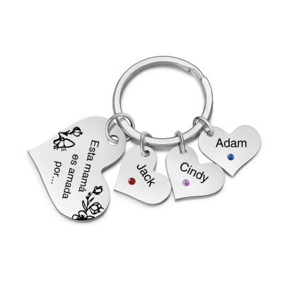 A mi mamá/abuela - Llavero con 3 nombres y piedras de nacimiento personalizados en corazones con texto-Jessemade ES