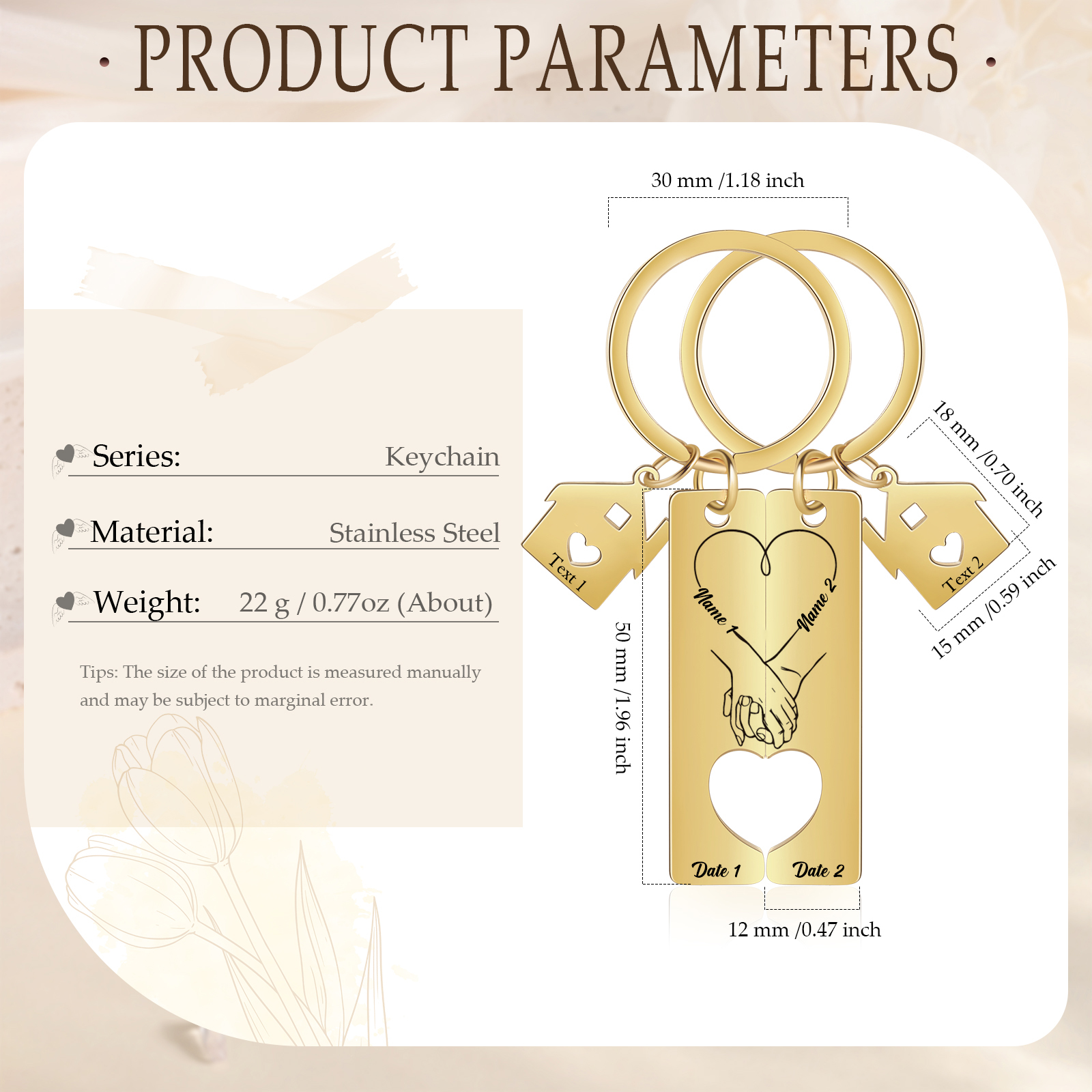 Llavero para pareja manos cogidas 2 nombres, 2 textos personalizados con fecha dije de casa-Jessemade ES