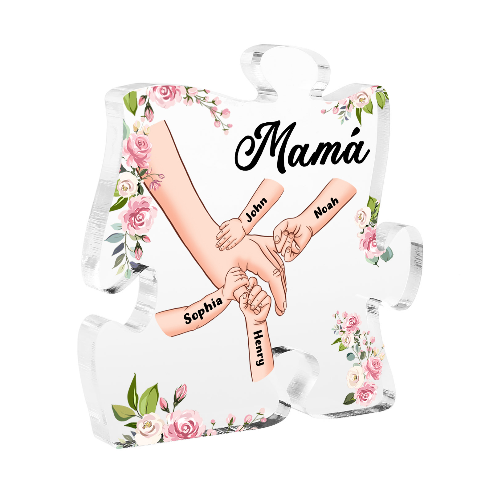 A mi mamá/abuela-Placa de acrílico en forma de corazón mano a mano con 1 texto y 4 nombres personalizados | Jessemade