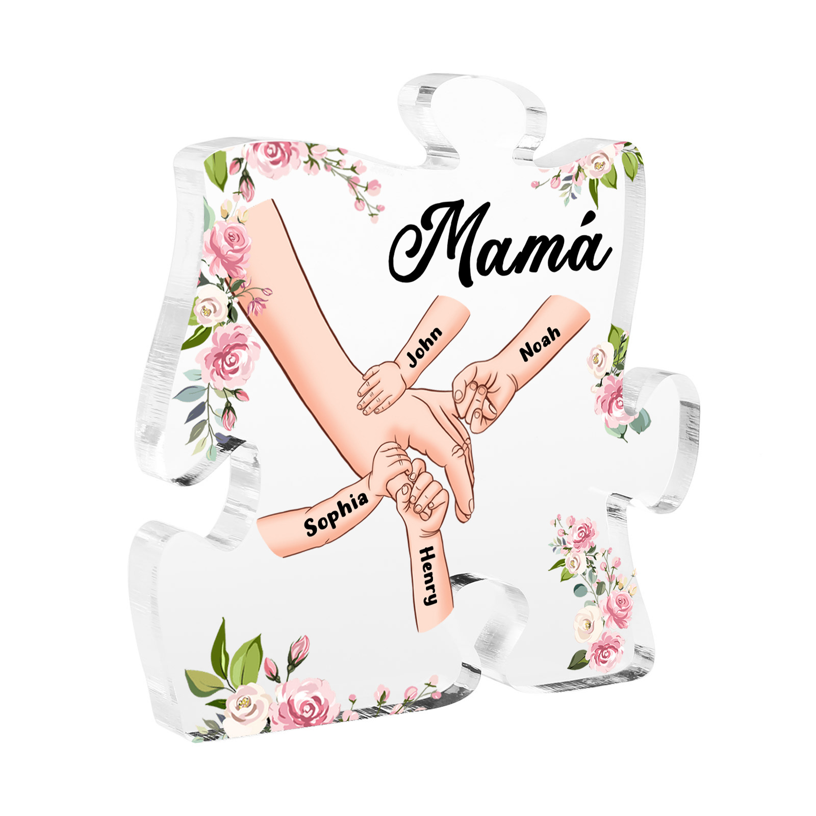 A mi mamá/abuela-Placa de acrílico en forma de corazón mano a mano con 1 texto y 4 nombres personalizados | Jessemade