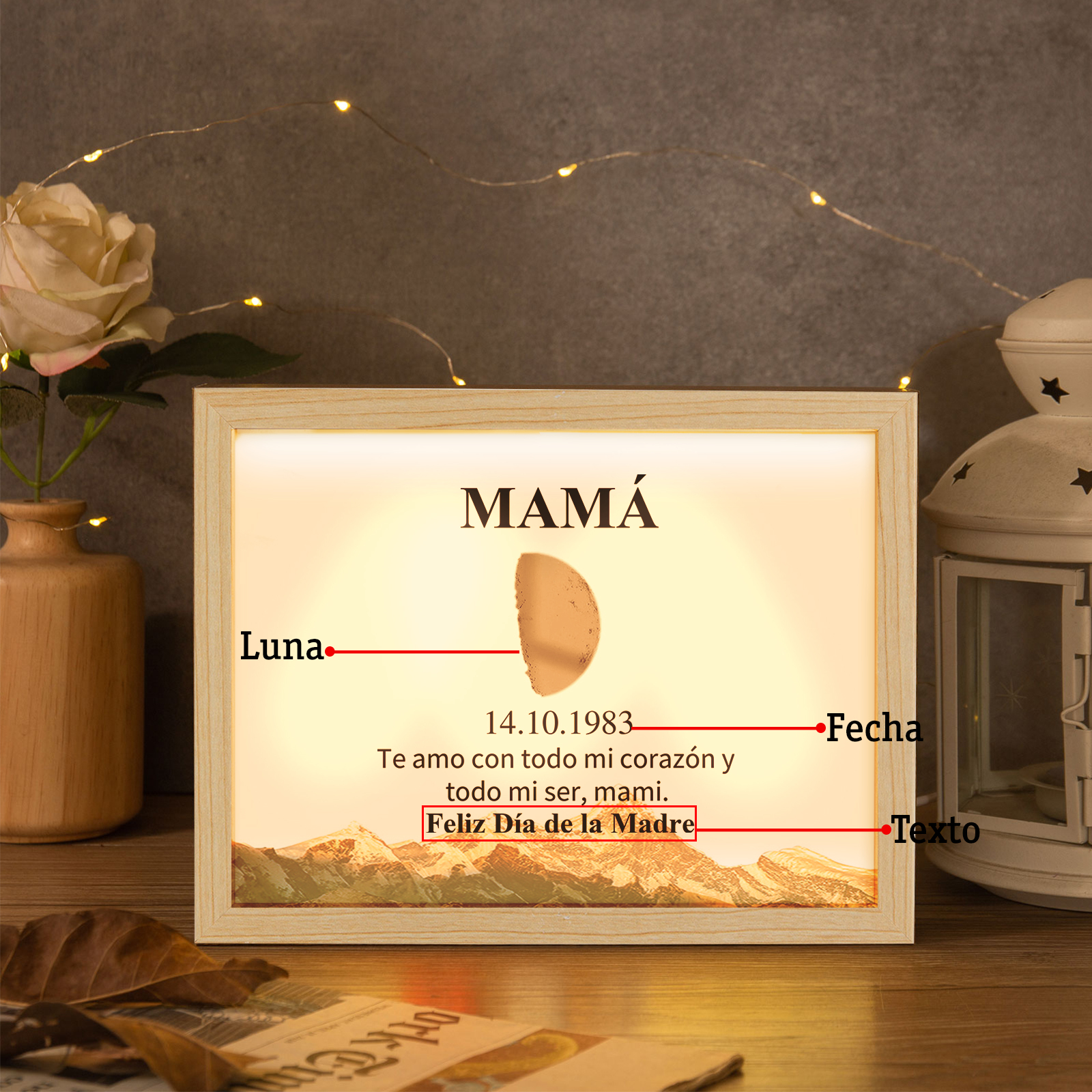 A mi mamá-Marco de luna del día que nació personalizado con fecha y texto con lámpara-Jessemade ES