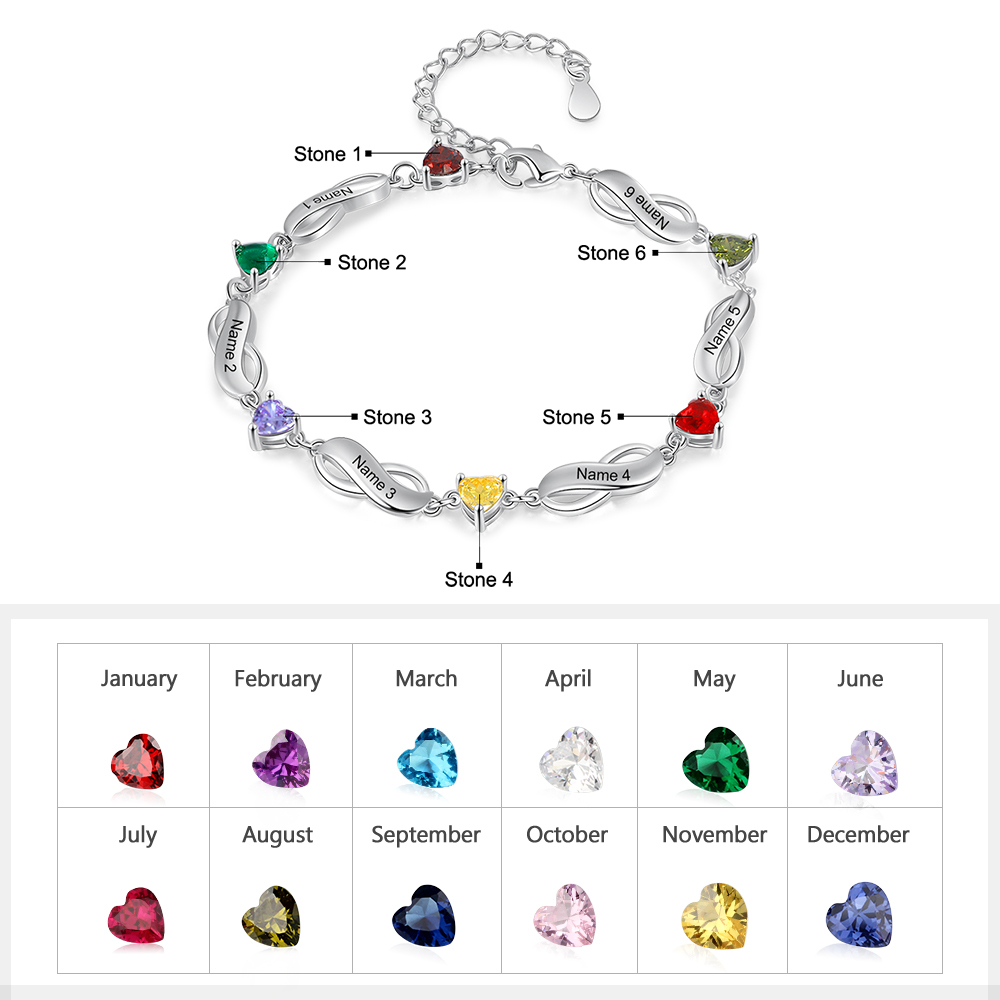Pulsera "infinito" personalizada con 6 nombres y 6 piedras de nacimiento de corazón-Jessemade ES