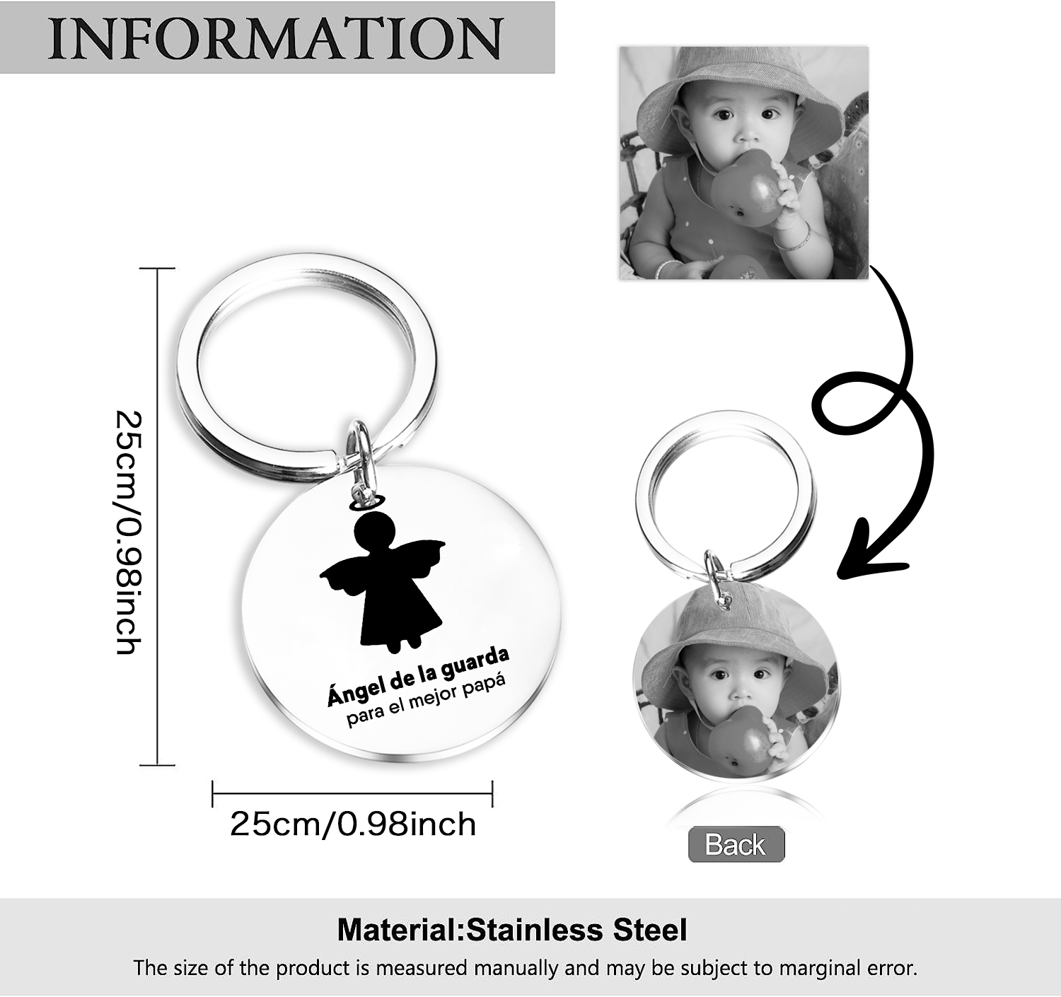 A mi hija-Llavero de placa "ángel de la guarda" 1 texto y 1 foto personalizados-Jessemade ES