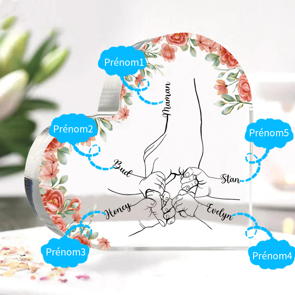 A mi mamá/abuela-Placa de acrílico en forma de corazón mano y manitas 2-6 nombres personalizados-Jessemade ES