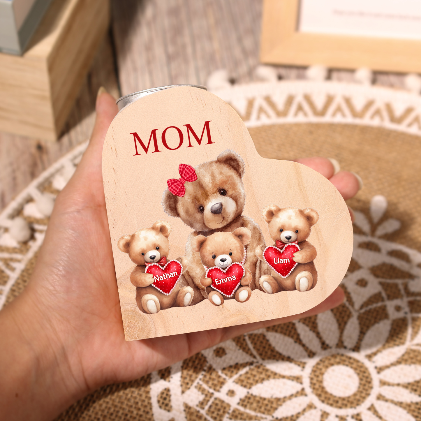 A mi mamá/abuela-Candelero osos 1-6 nombres y 1 texto personalizados en forma de corazón de madera sin candela-Jessemade ES