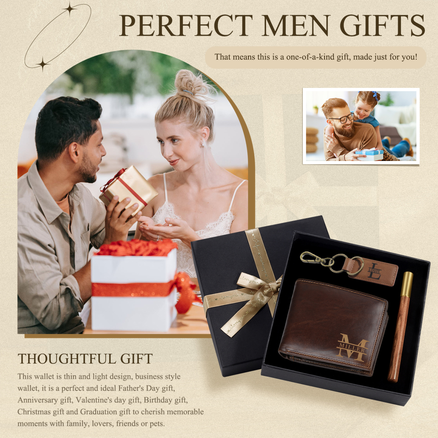 Kit de regalo-Llavero, cartera y bolígrafo con 2 nombres y 2 letras personalizados con 2 textos para hombre-Jessemade ES