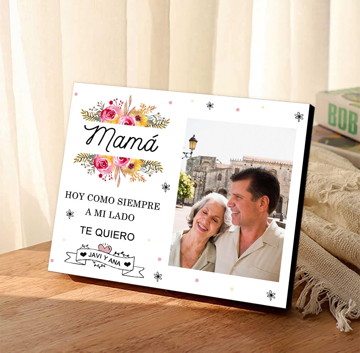 A mi mamá-Lámina marco de madera para mamá personalizado con 1 texto y 1 foto-Jessemade ES