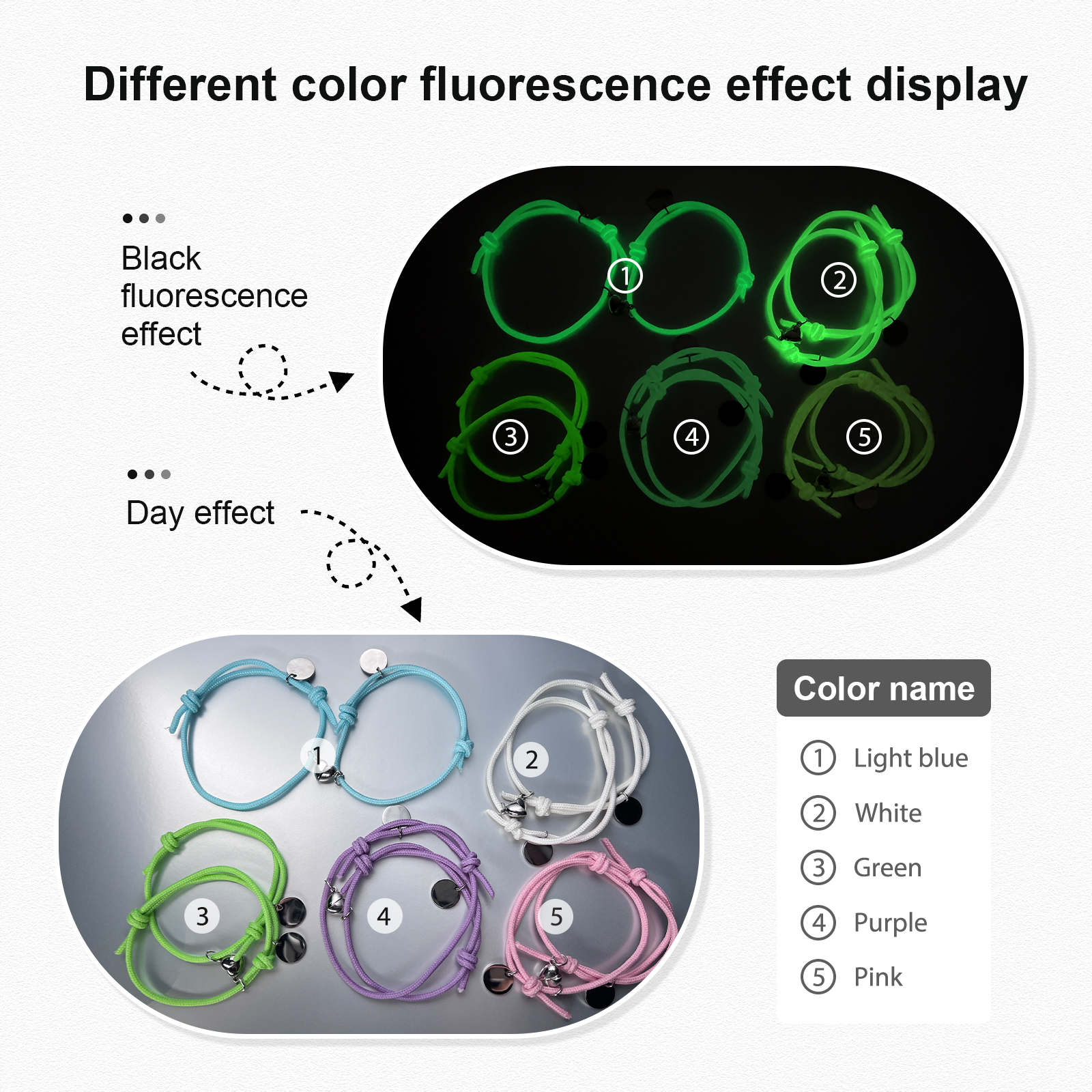 Pulseras de cuerda luminosa personalizadas para pareja con dije de corazón magnético grabado de dos nombres-Jessemade ES