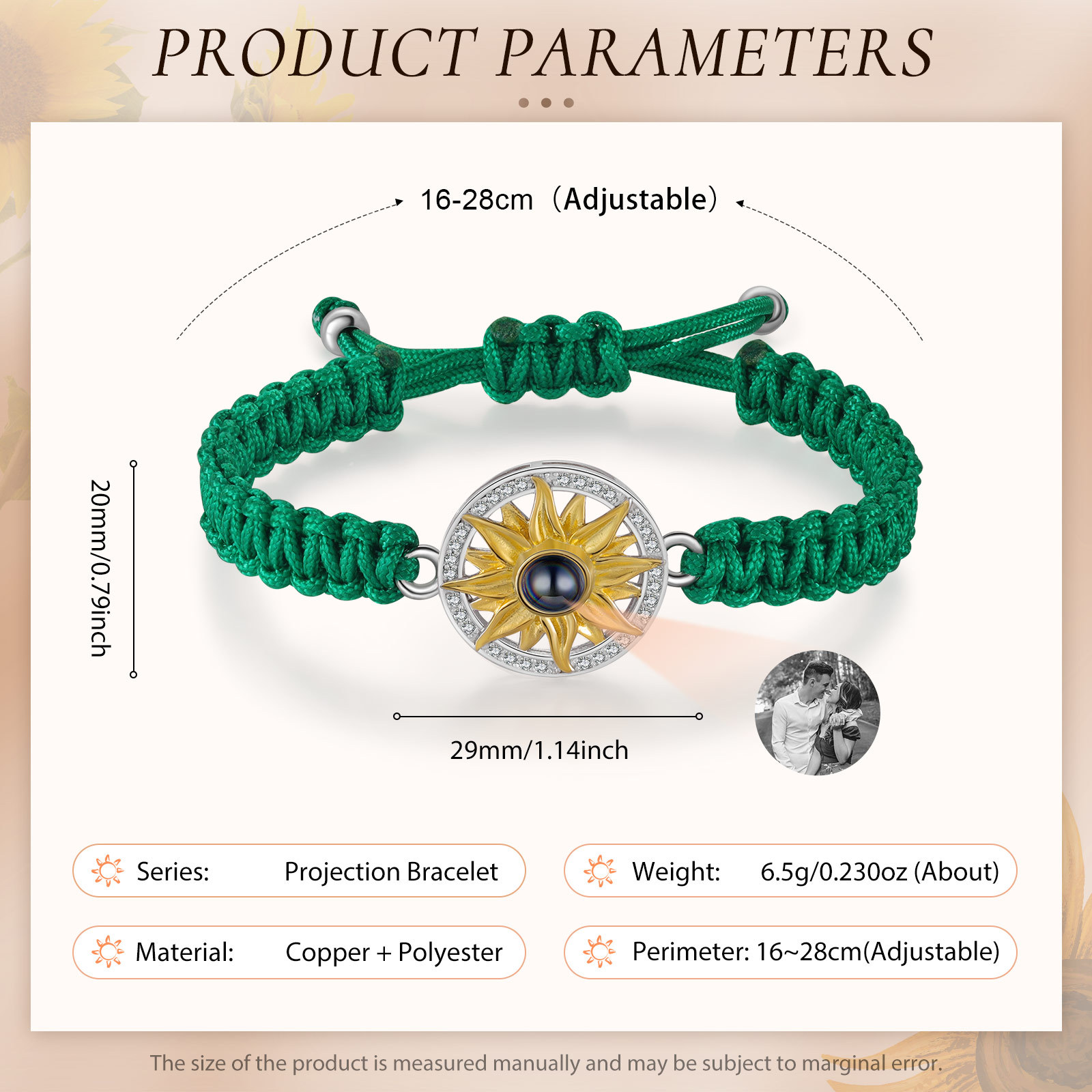 Pulsera con proyección de foto con dije de girasol cuerda verde-Jessemade ES