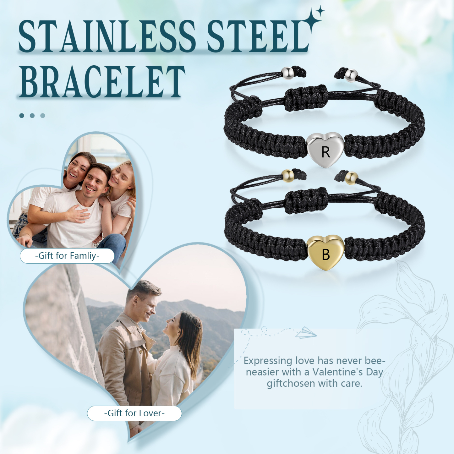 Pulseras de cuerda para pareja con dije de corazón letra personalizada-Jessemade ES