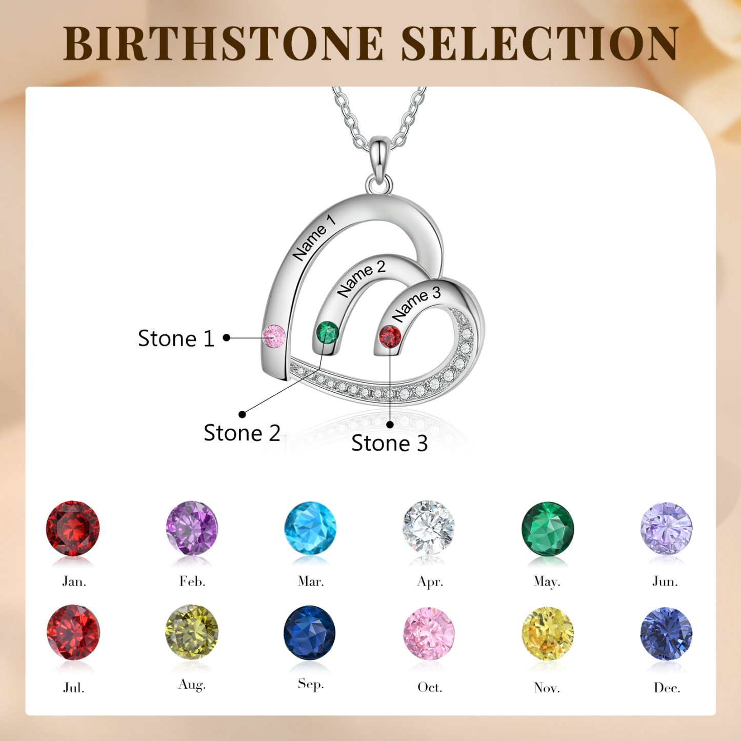 Collar en corazón con 2-5 nombres personalizados y 2-5 piedras de nacimiento-Jessemade ES