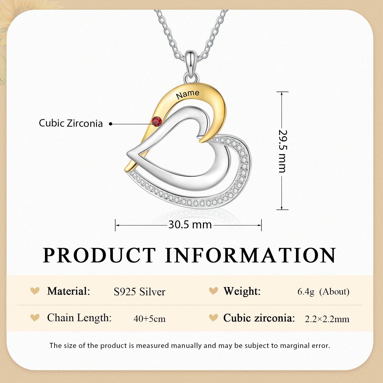 Collar de corazón de plata 925 con 1 nombre y piedra de nacimiento personalizado-Jessemade ES