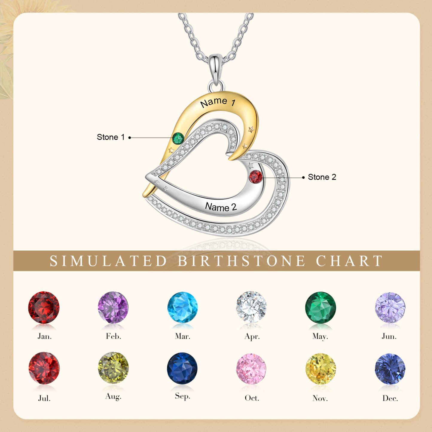 Collar de corazón con 2 nombres y piedras de nacimiento personalizados-Jessemade ES