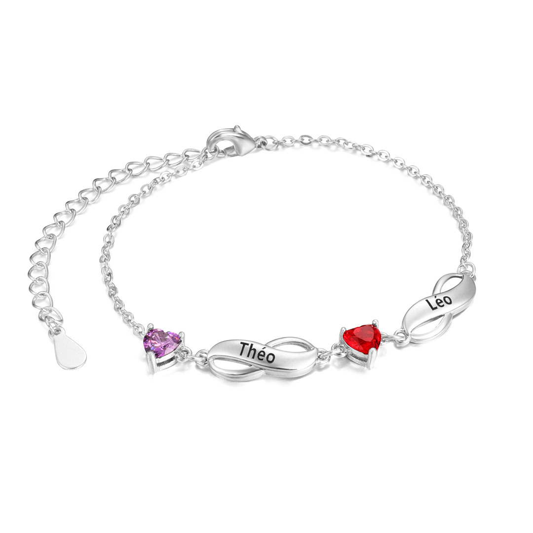 Pulsera "infinito" personalizada con 2 nombres y 2 piedras de nacimiento de corazón-Jessemade ES
