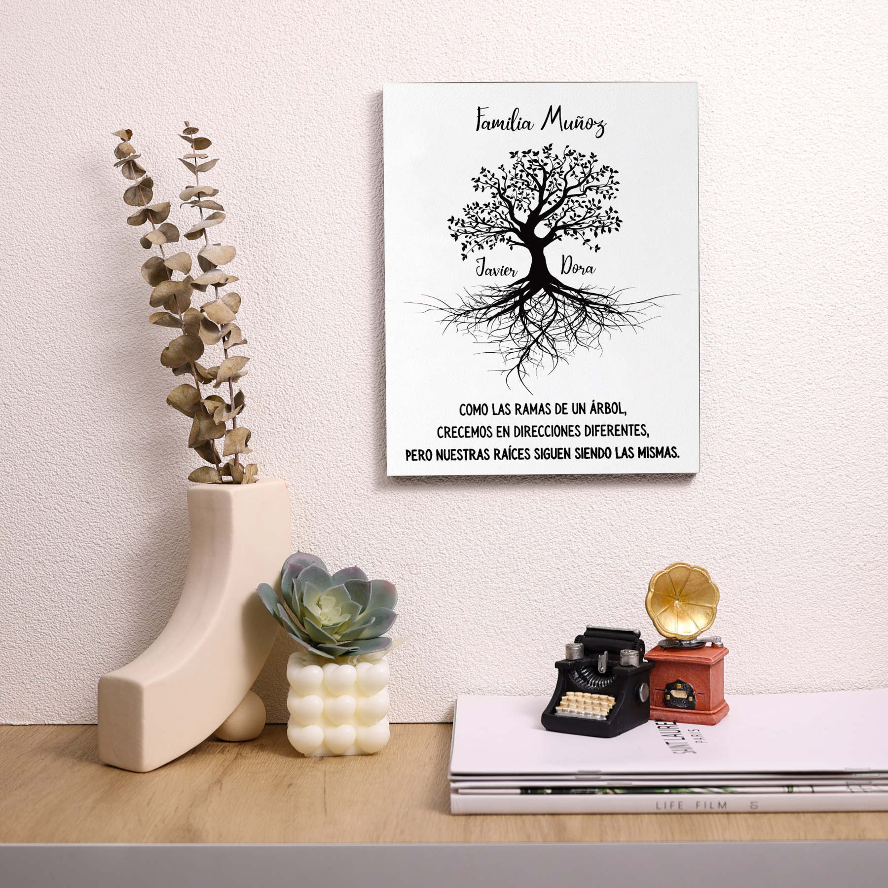 A mi familia-Lámina marco de madera Árbol de la Vida 1 texto y 2 nombres personalizados-Jessemade ES