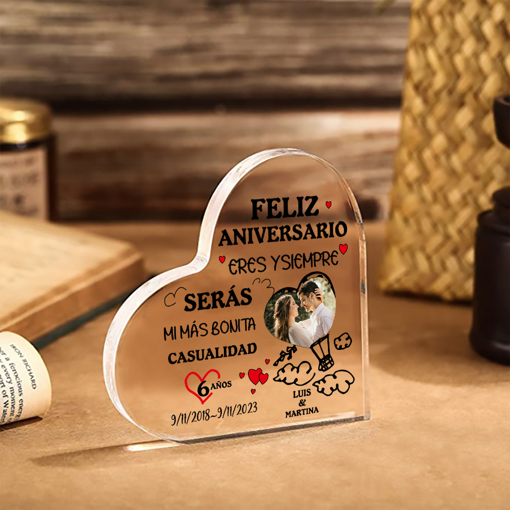 Valentín-Placa de acrílico en forma de corazón aniversario con foto, número, fecha y nombres personalizados-Jessemade ES