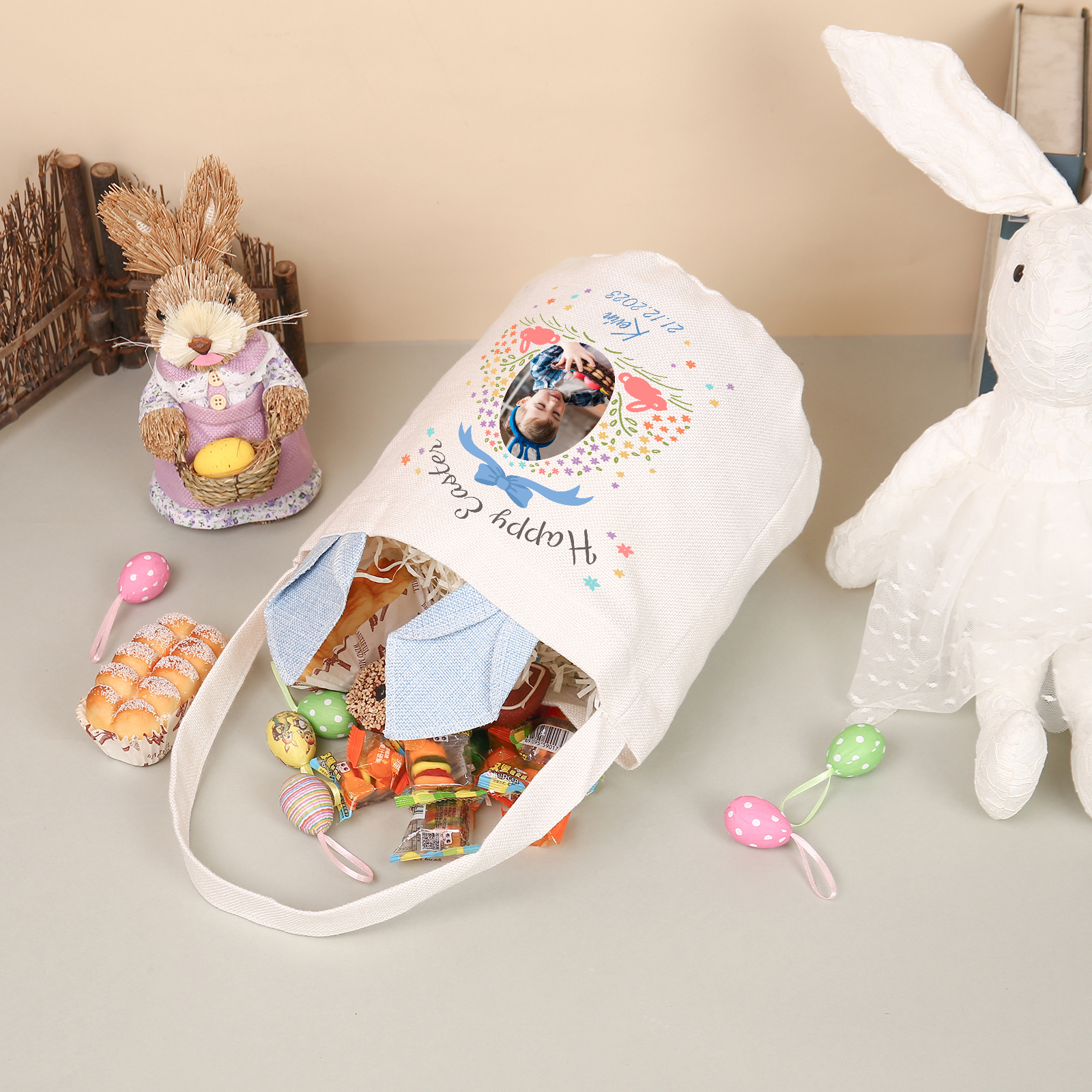 Pascua-Bolsa de conejo con 1 nombre, 1 texto, 1 fecha y 1 foto personalizados-Jessemade ES