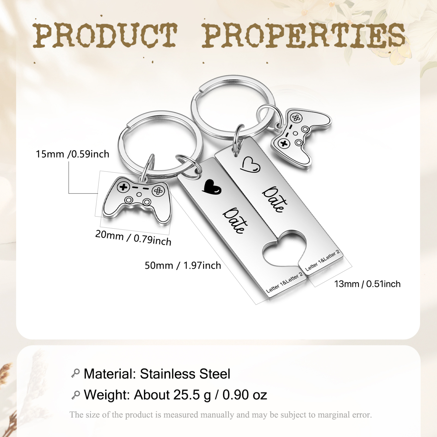 Llavero para pareja corazón 2 letras personalizadas con fecha dije de mando-Jessemade ES