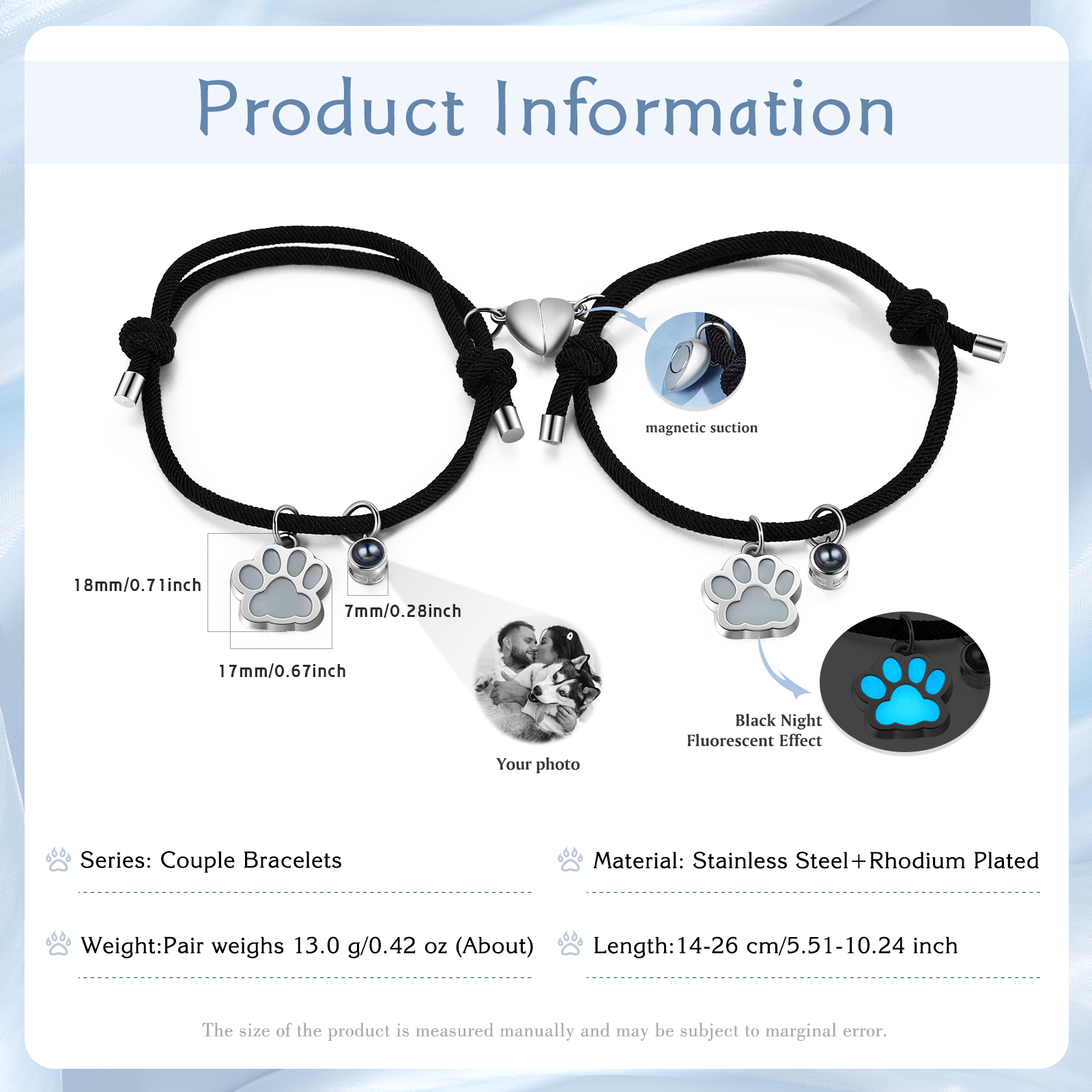 Pulsera para pareja con proyección de foto con dije de corazón magnético-Jessemade ES