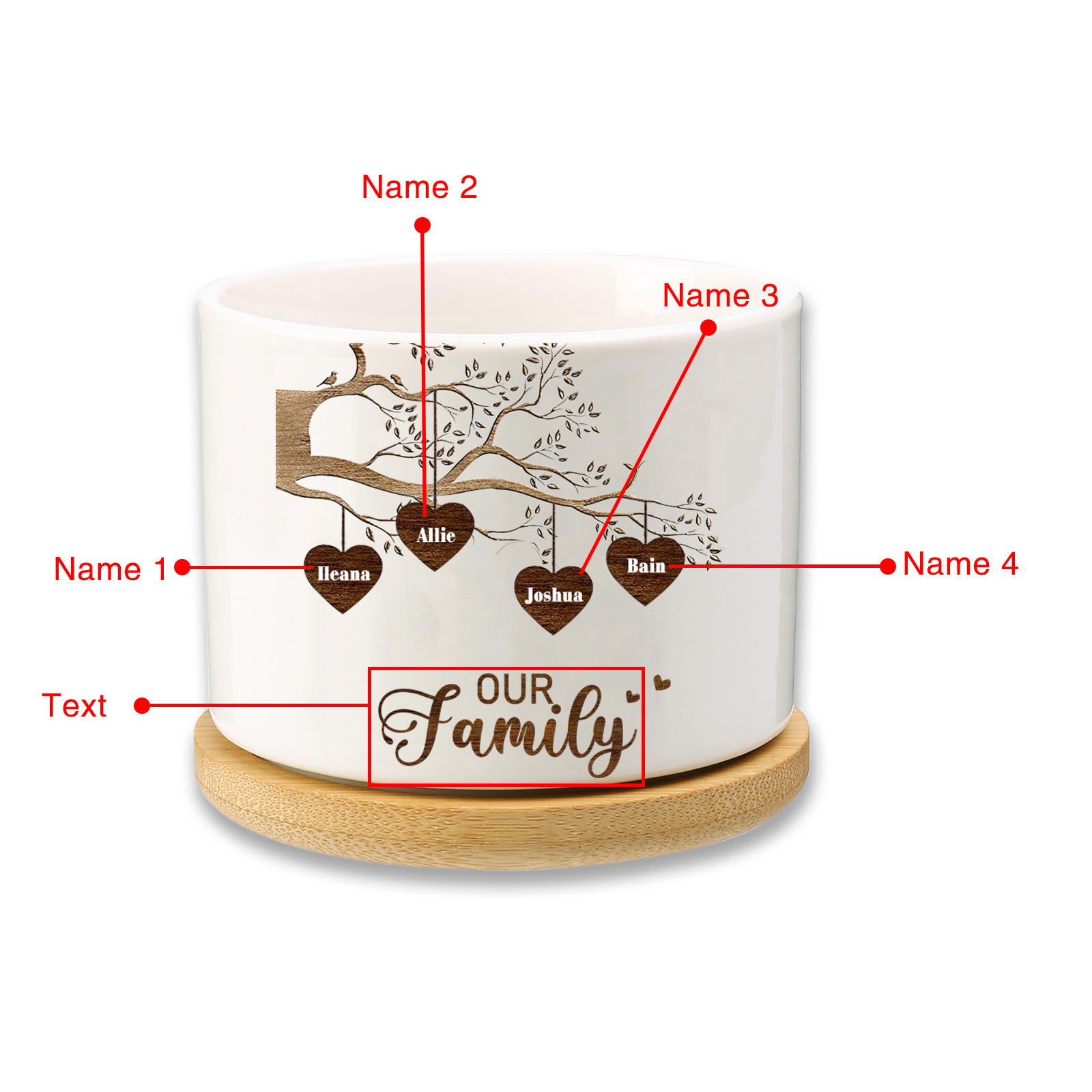 Florero con base de cerámica árbol de corazones 2-8 nombres personalizados con texto decoración del hogar-Jessemade ES