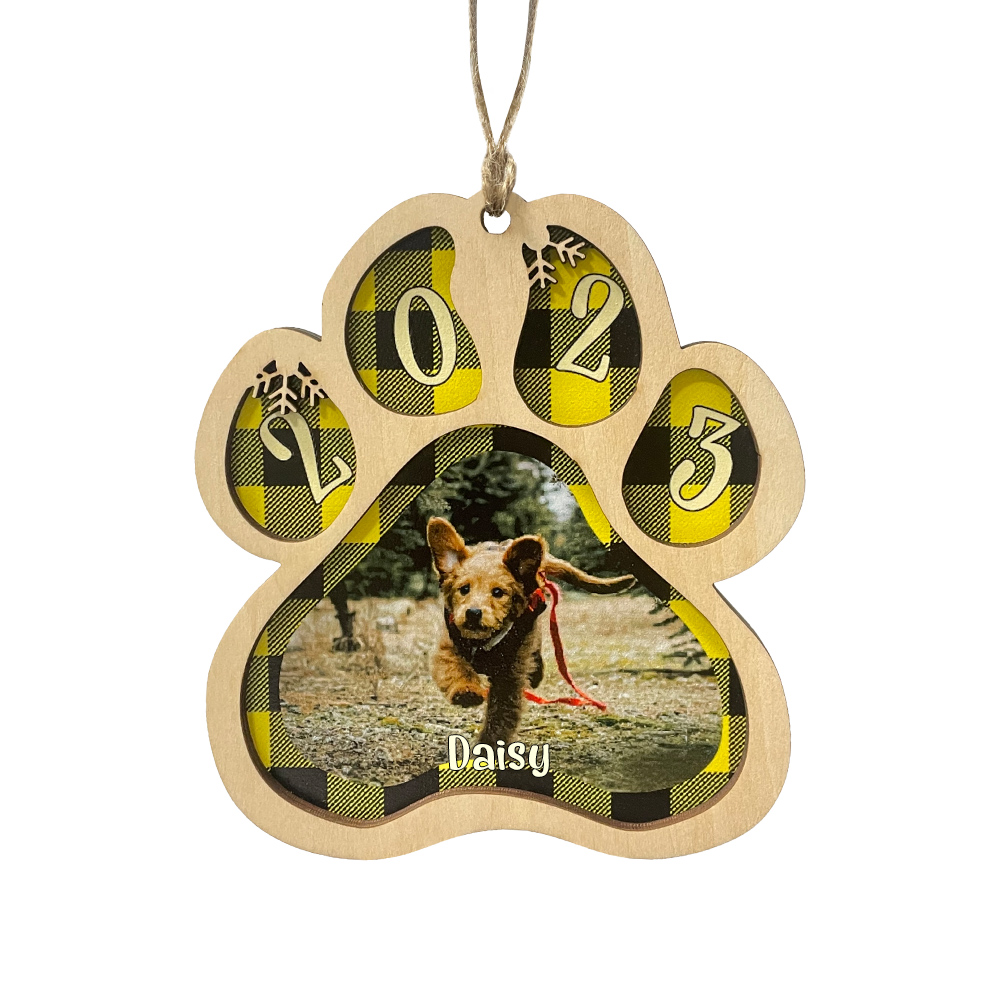 Navidad-Ornamento navideño de madera pata de perro con 1 nombre y 1 foto personalizados
