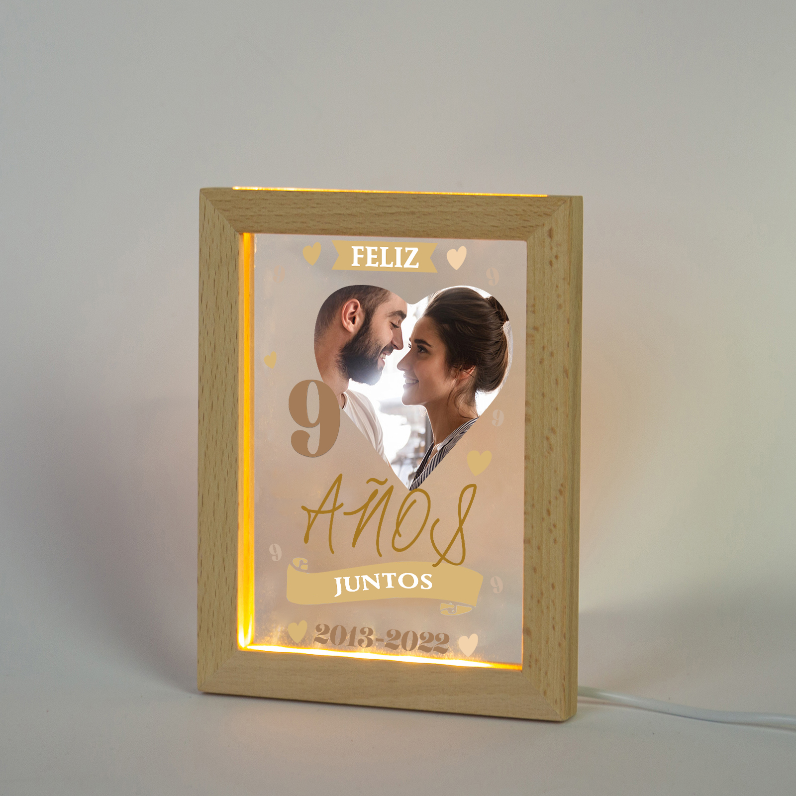 Marco con lámpara aniversario de 1 foto de madera para pareja 1 texto y número personalizados-Jessemade ES