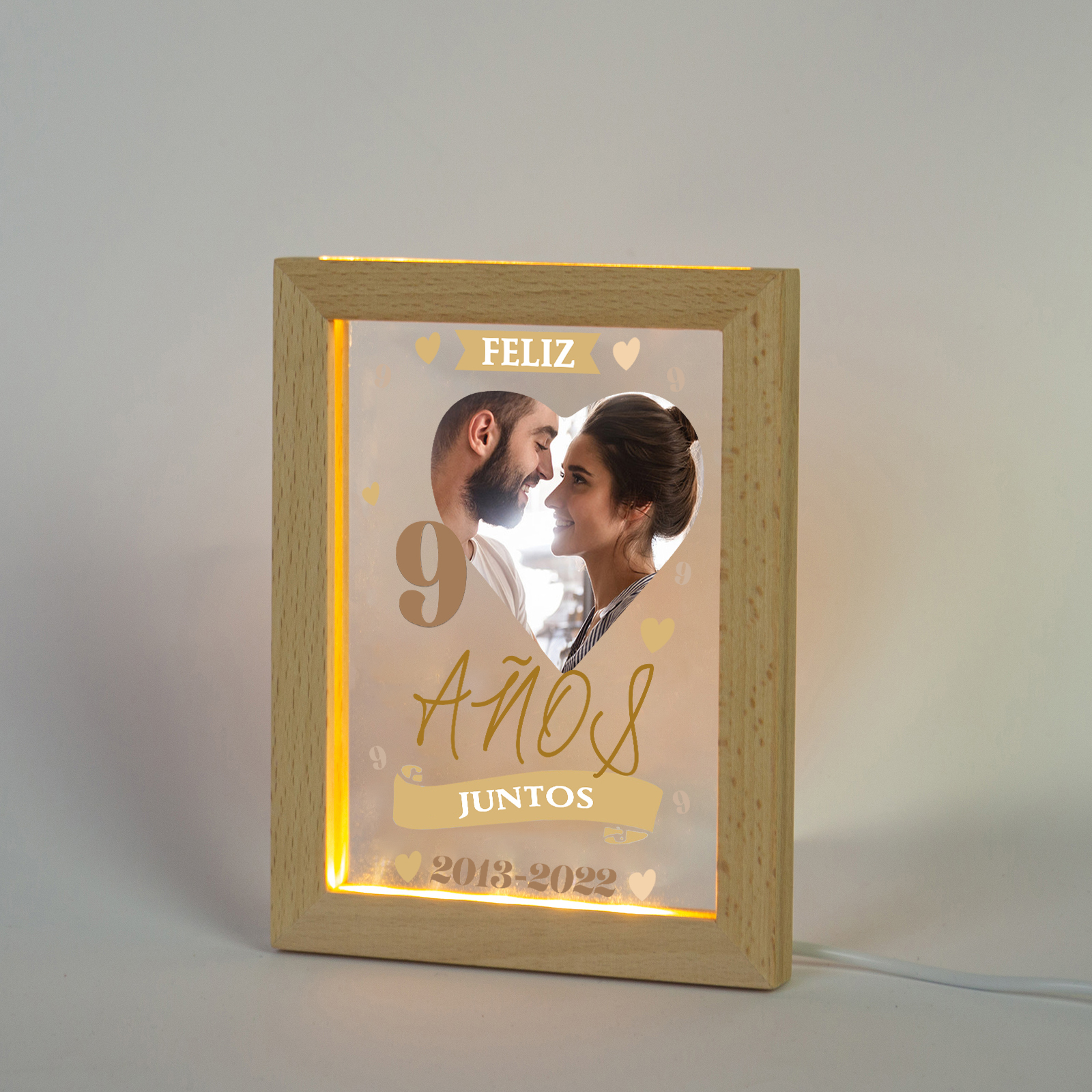 Marco con lámpara aniversario de 1 foto de madera para pareja 1 texto y número personalizados-Jessemade ES