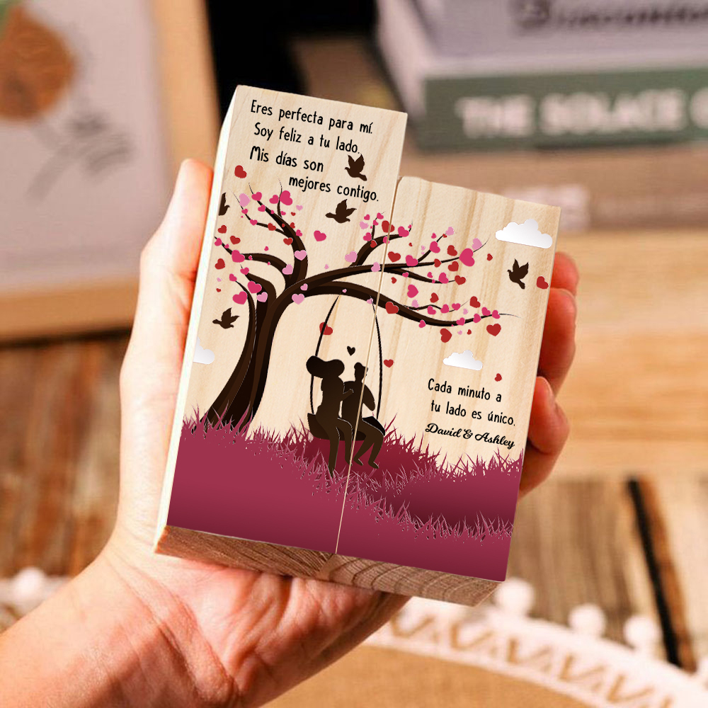 Candelero de siluetas de pareja de madera de dos piezas sin candela con 1 texto personalizado-Jessemade ES