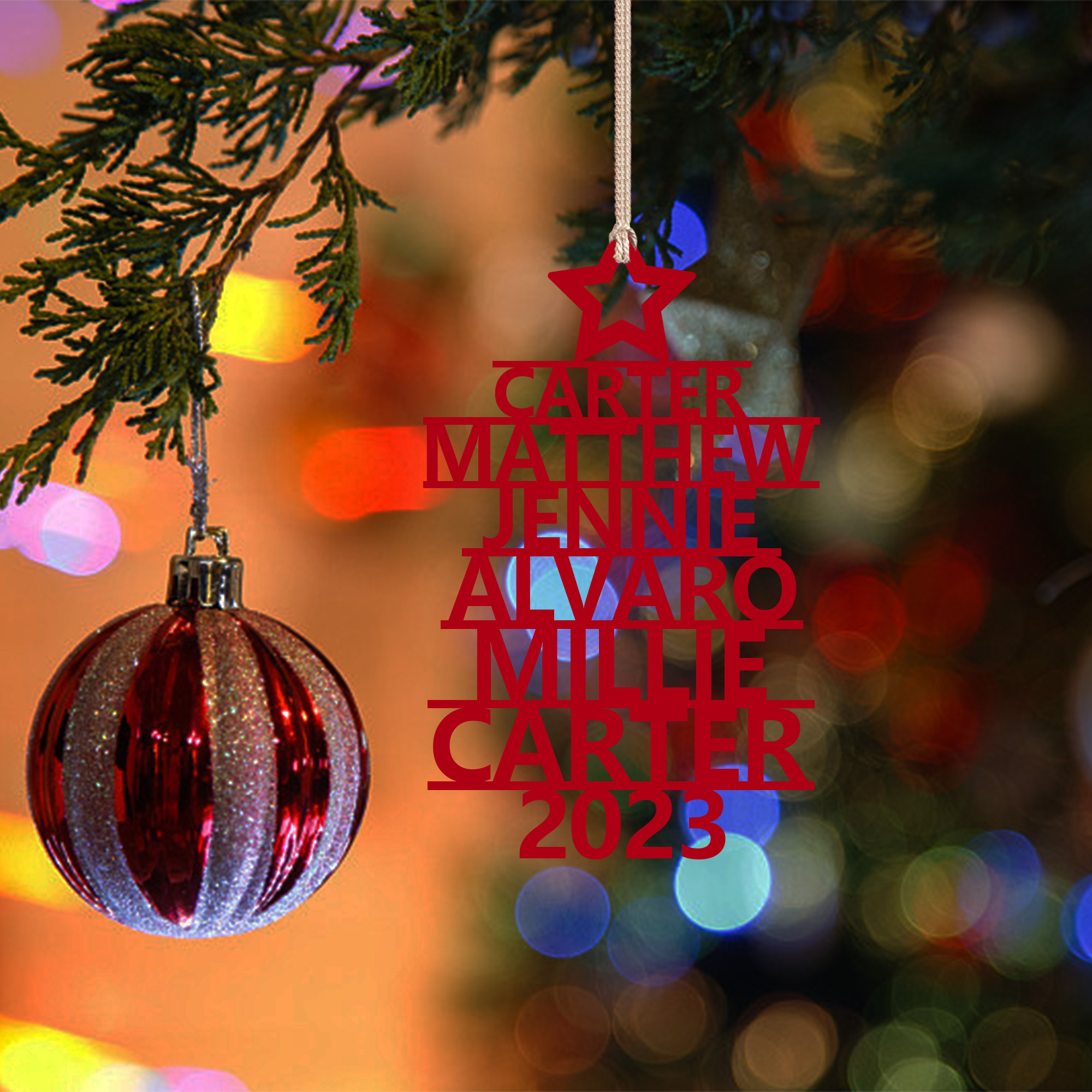 Navidad-Ornamento navideño de madera árbol de nombres con 6 nombres y año personalizados